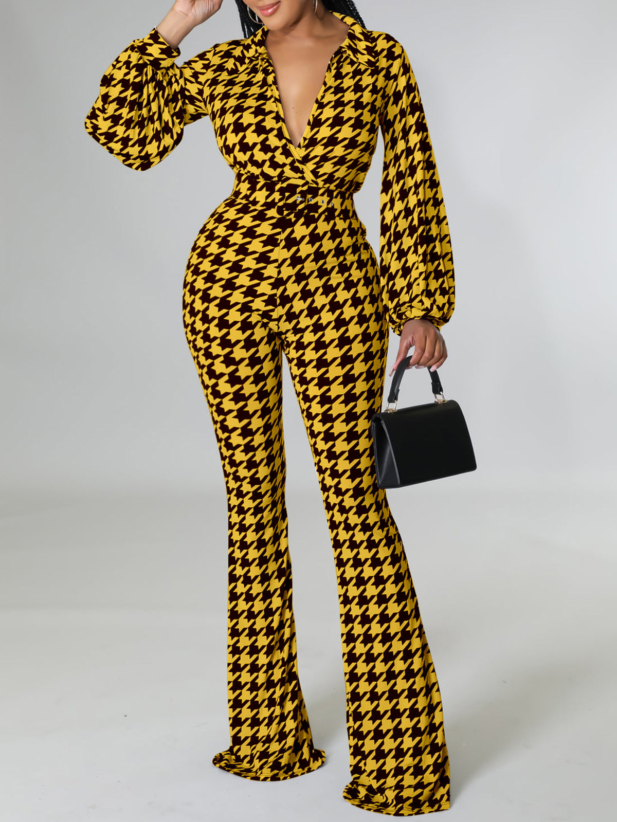 V Neck Houndstooth Print Slim Jumpsuit