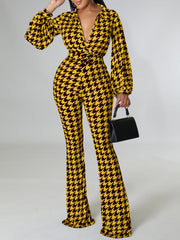 V Neck Houndstooth Print Slim Jumpsuit