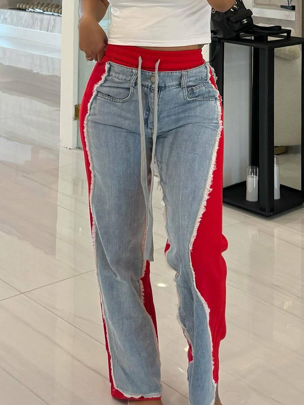 Denim Patchwork Color Block Drawstring Jeans