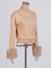 Fashion Turtlenecks Fur Cuffs Knit Sweater