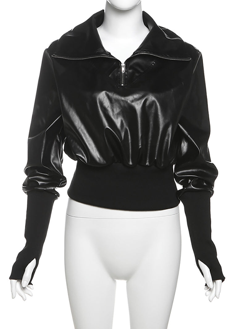 PU Leather Patchwork High Collar Hoodie