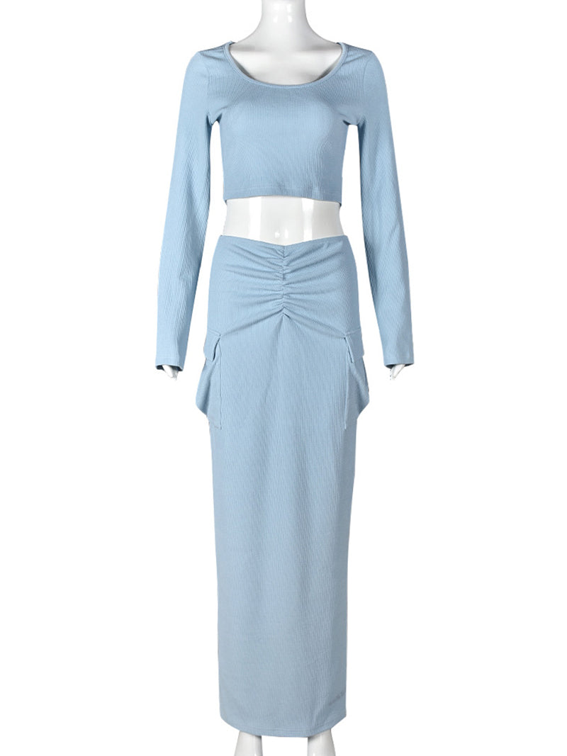 Casual Ribbed Knit Crop Top And Slit skirt 2 Piece Set