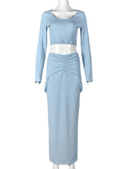 Casual Ribbed Knit Crop Top And Slit skirt 2 Piece Set