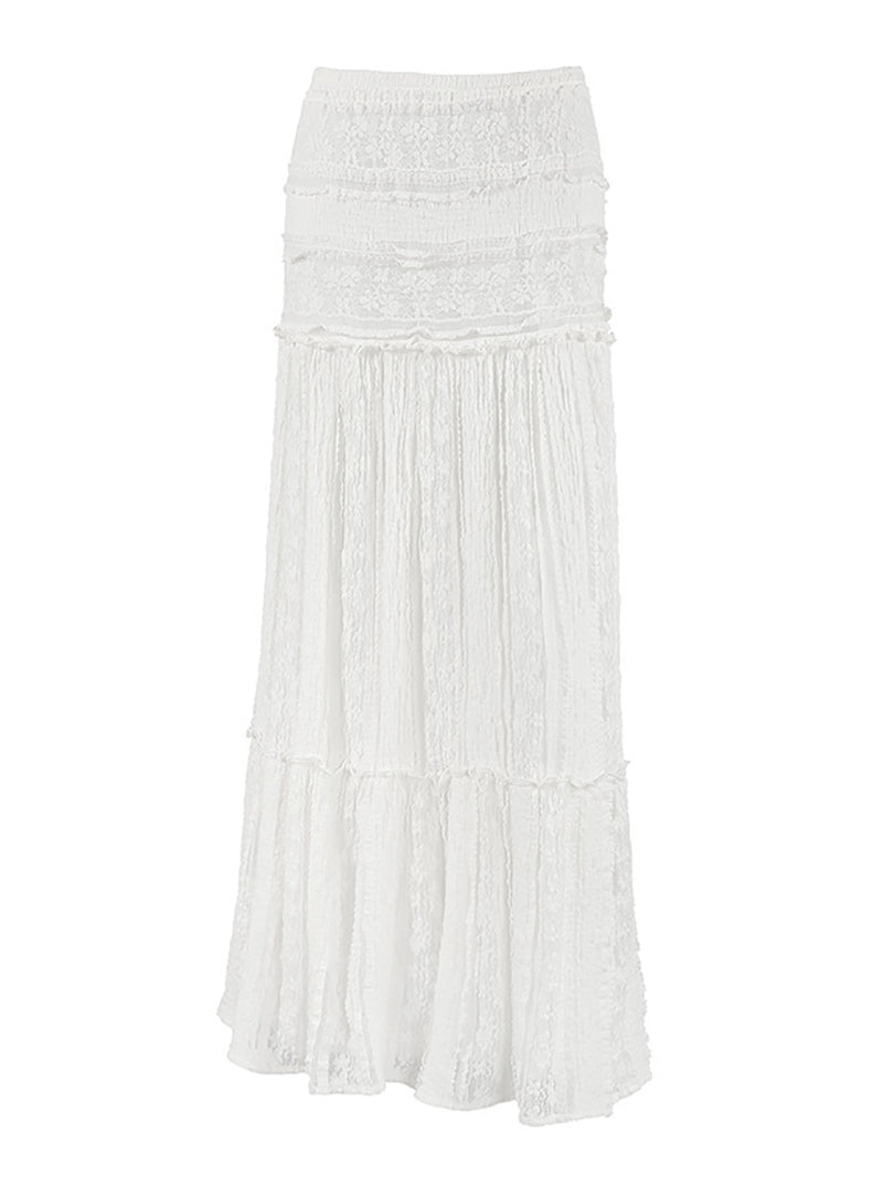 Fashion High Waist Lace Floral Ruffles Maxi Skirt