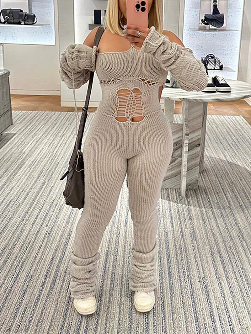 Ripped Cut Out Halter Neck Backless Knit Jumpsuit