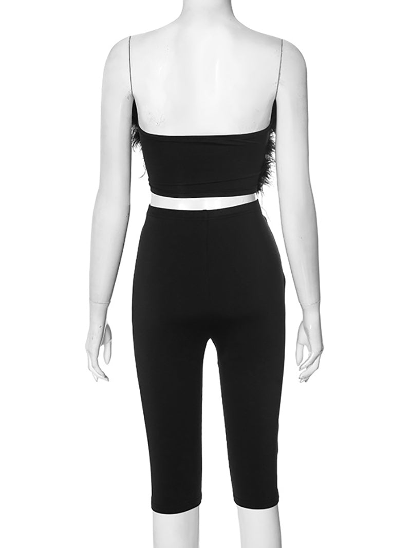 Sexy Fluffy Strapless Top Skinny Pants Two Piece Set