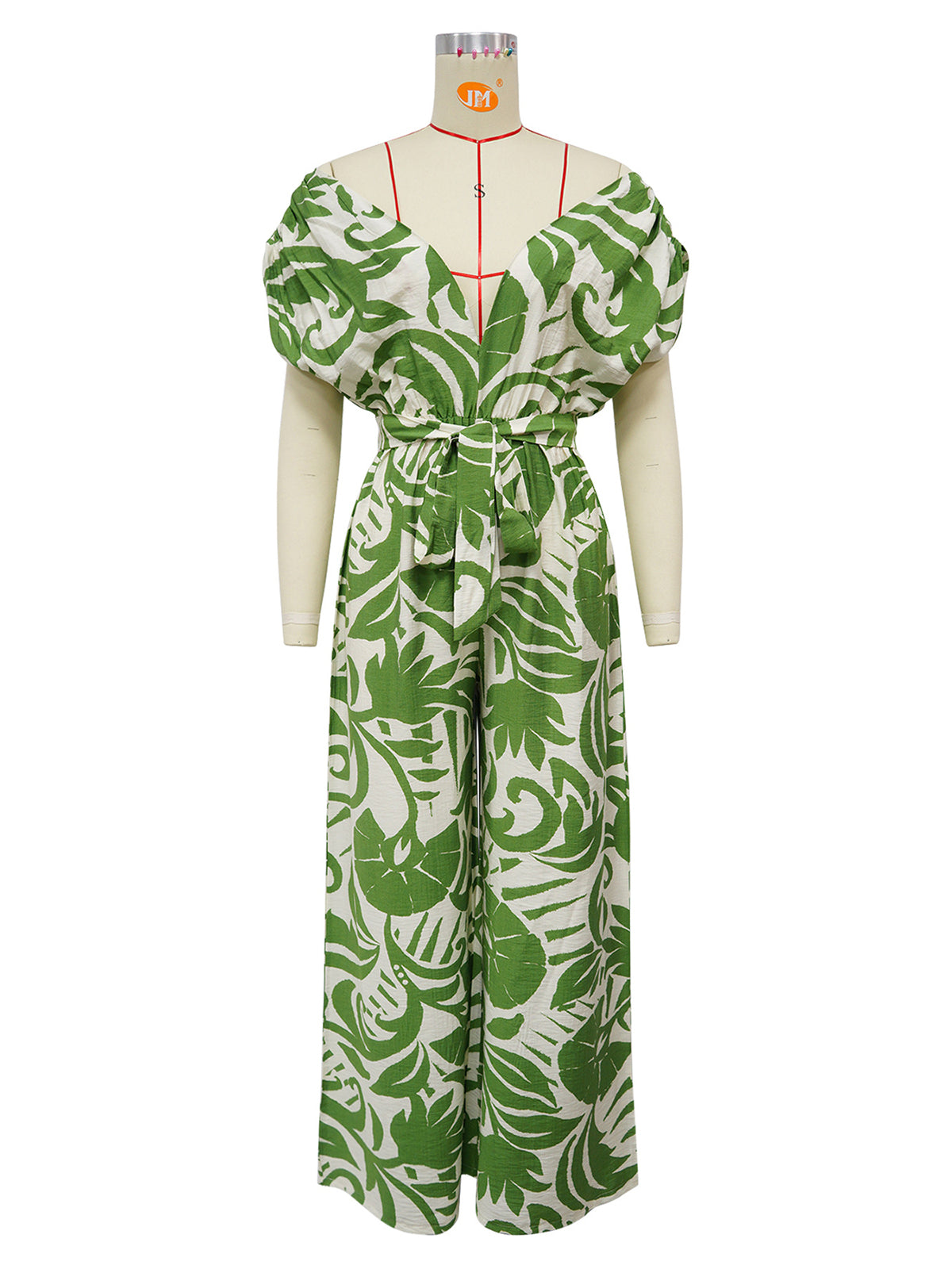Casual Print Off Shoulder Lace-up Wide Leg Jumpsuit
