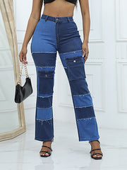 Casual High Waist Patchwork Denim Straight Jeans