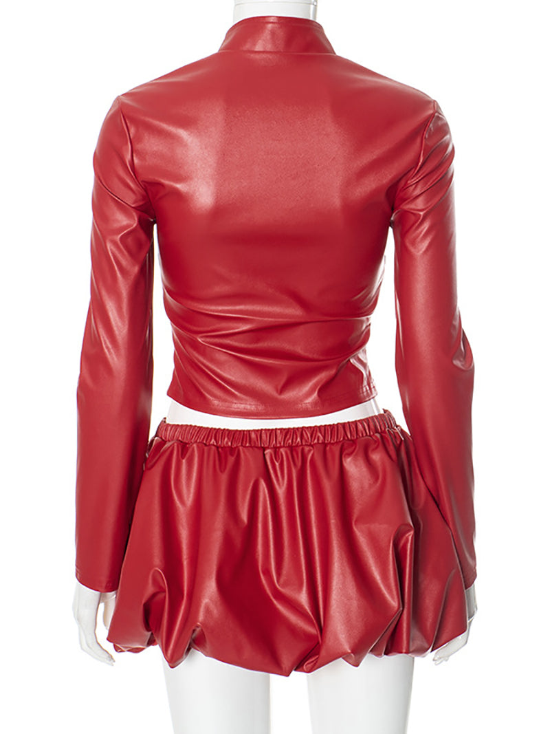 PU Leather Zipped Jacket Mini Skirt Sets