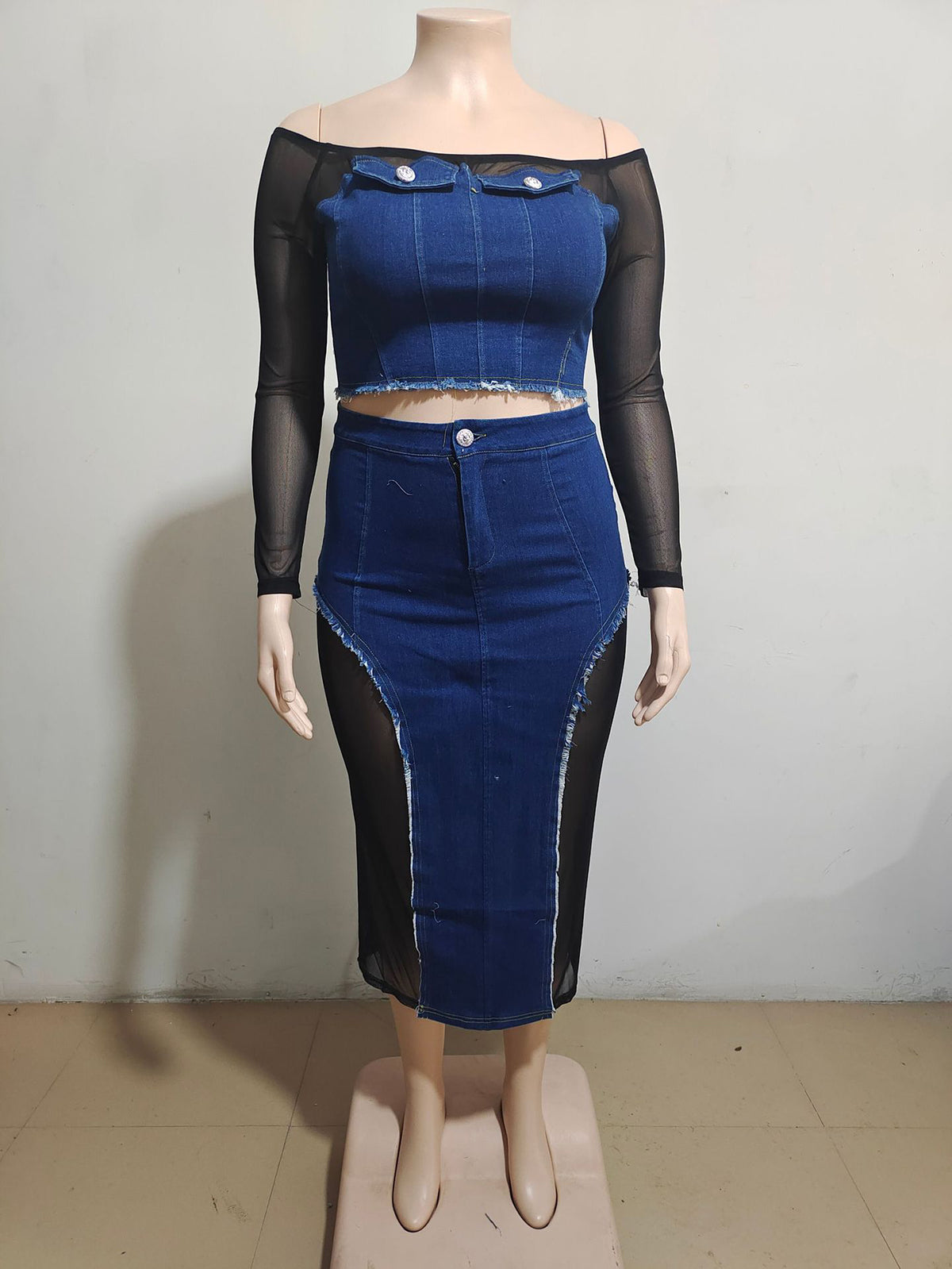 Sheer Mesh Patchwork Denim Skirt Sets