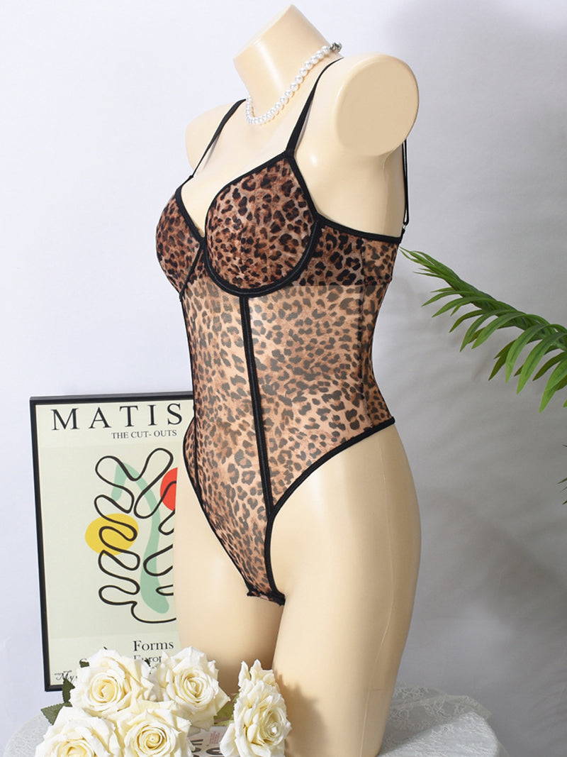 Sexy Leopard Print Sheer Mesh Bodysuit