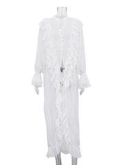 Lace-Up Button Ruffled Casual Chiffon Long Tops