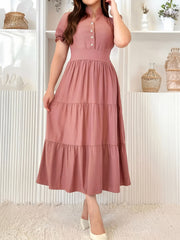 Elegant V Neck Button Cinched Waist Midi Dress