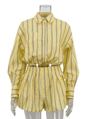 Striped Print Cinched Waist Crop Shirt And Pants Set