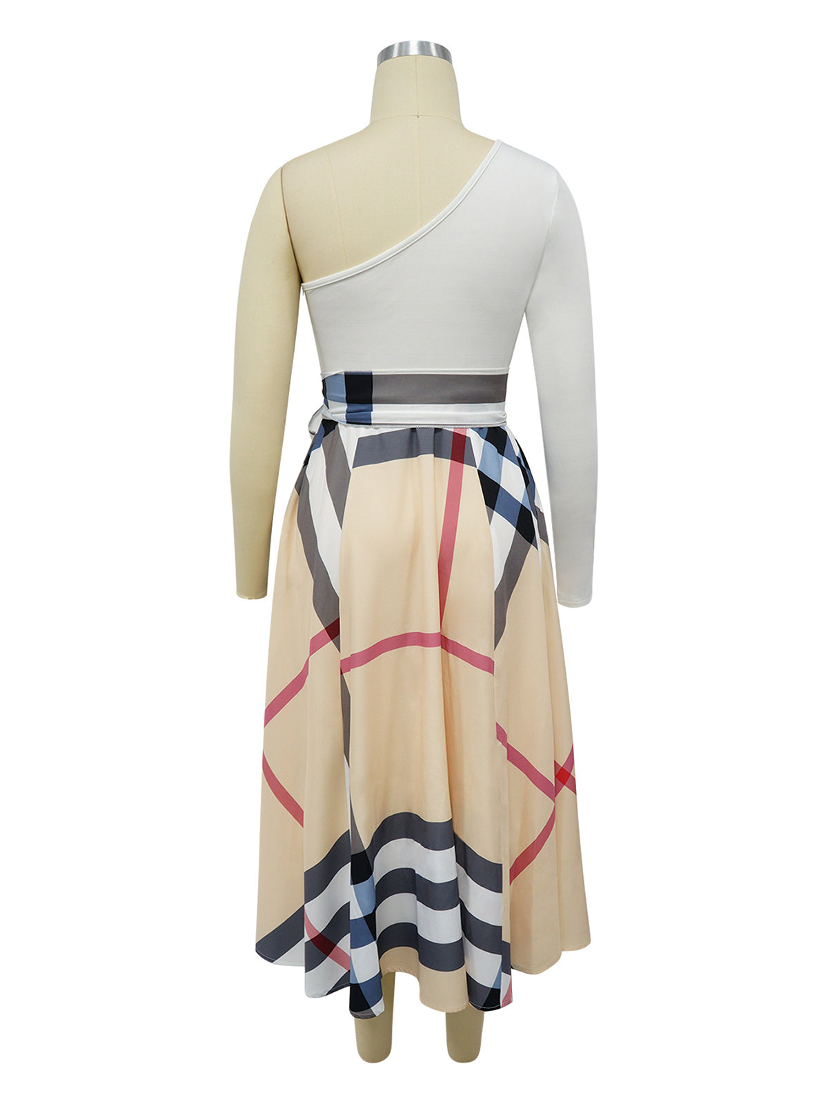 Causal One Shoulder Plaid Print High Waist Slit Dress