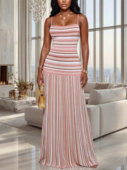 Fashion Striped Sleeveless Strap Maxi Dress