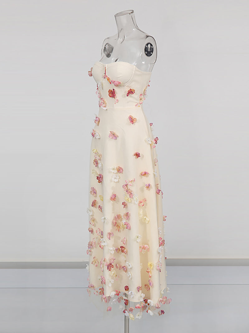 Elegant Strapless Floral Embellished Slim Maxi Dress
