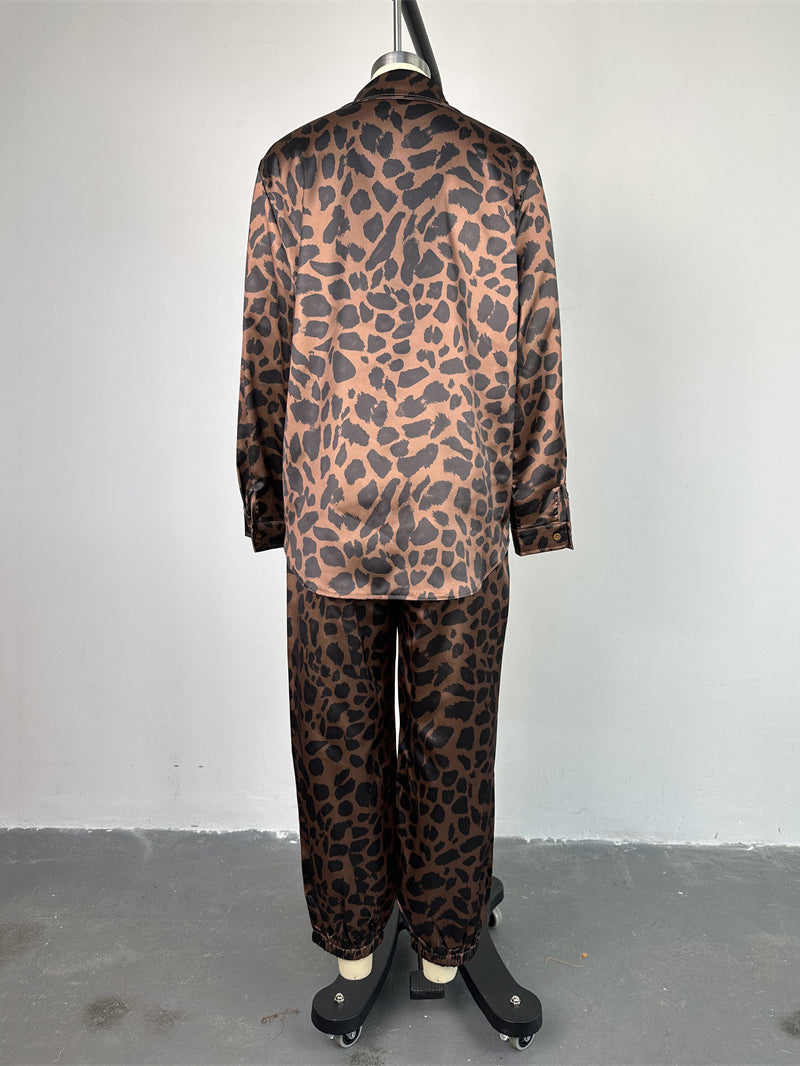 Vintage Leopard Print Shirt And Slim Pants Set