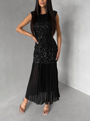 Fashion Round Neck Sequin Patchwork Mesh Maxi Dress