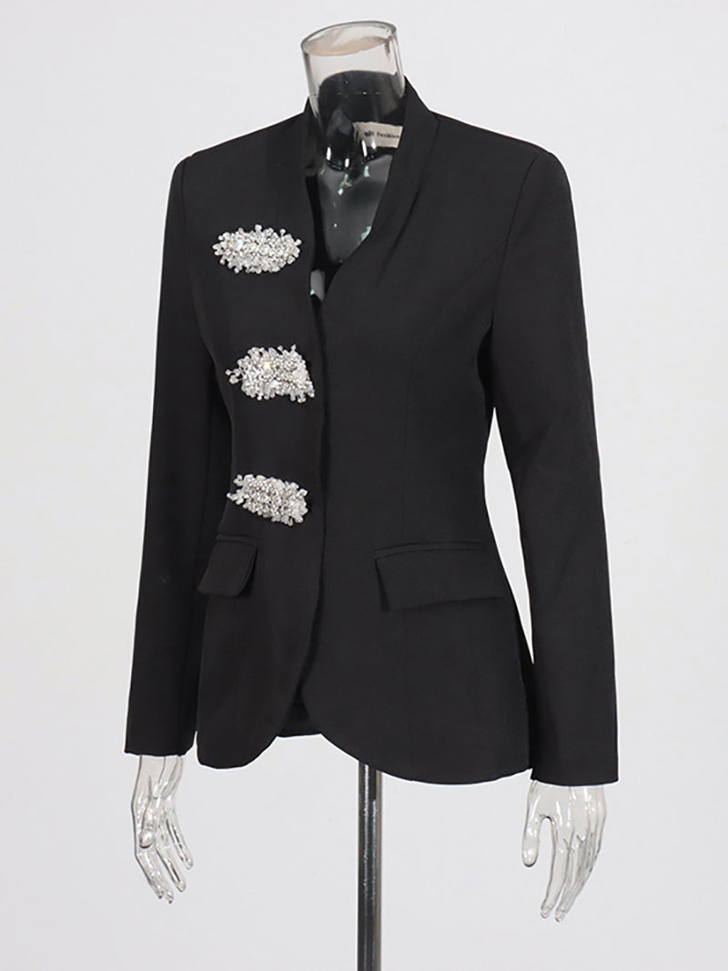 Fashion Flower Rhinestone Beaded Slim Blazer