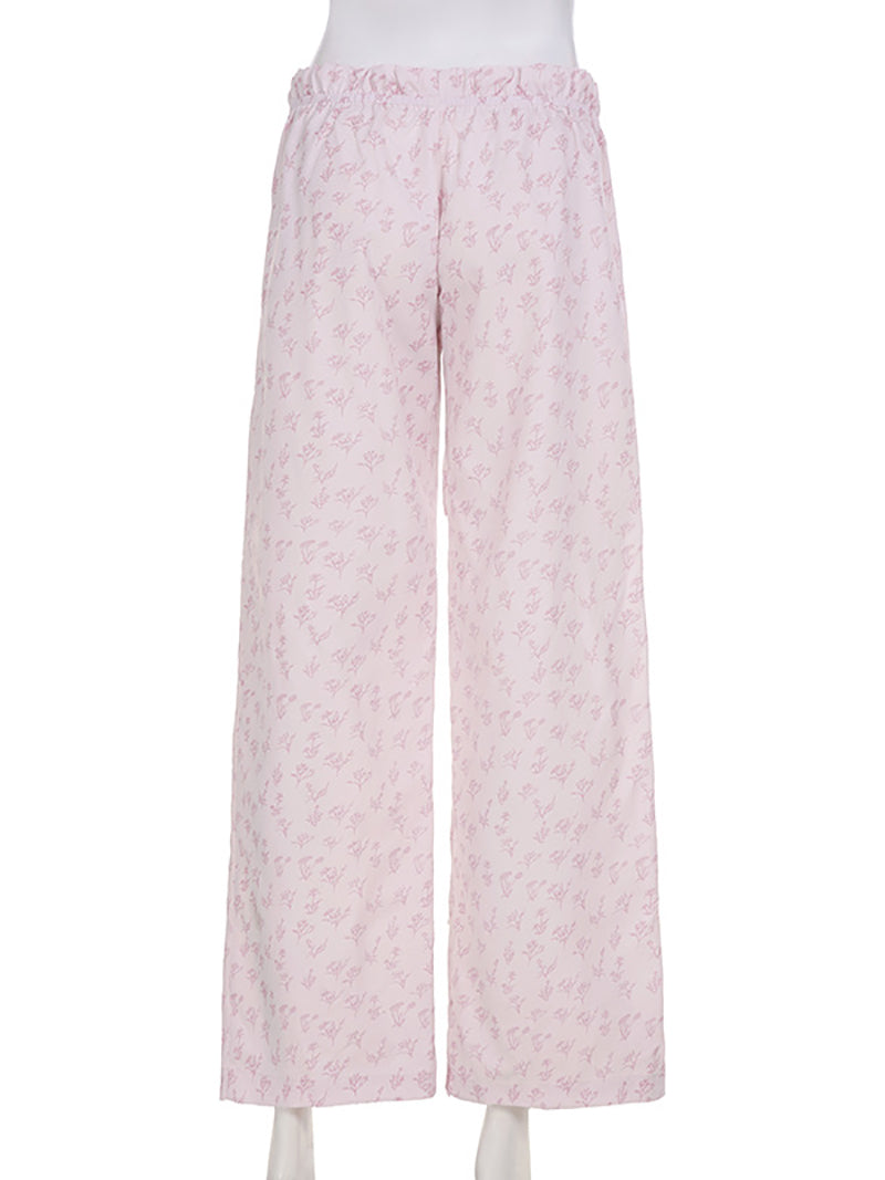 Drawstring Casual Floral Straight Trousers