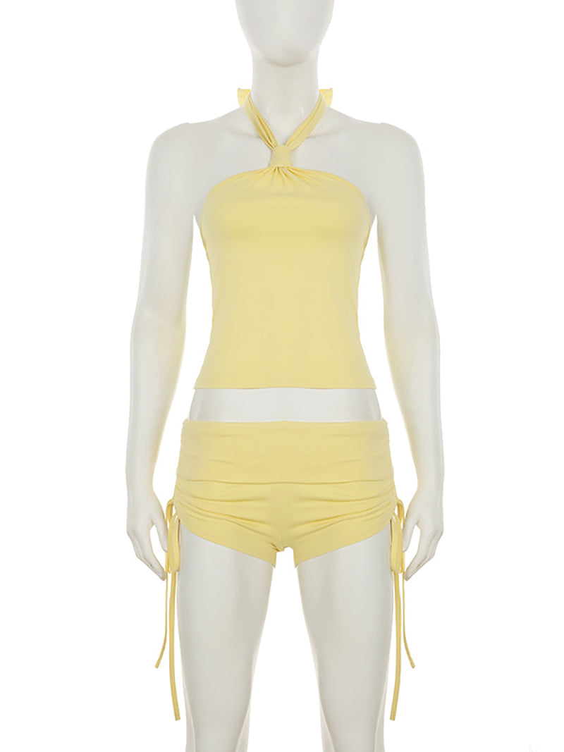 Sexy Halter Crop Top Side Drawstring Shorts Sets