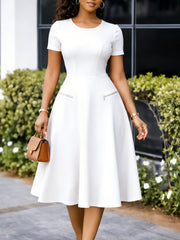 Elegant Round Neck Short Sleeve Slim Midi Dress