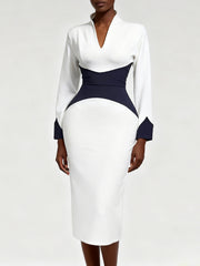 Elegant V Neck Contrast Color Cinched Waist Dress