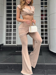 Sexy V Neck Crop Top Trouser Two Piece Set