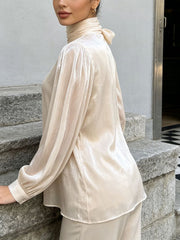 Fashion Ribbon Neck Long Sleeve Loose Shirt