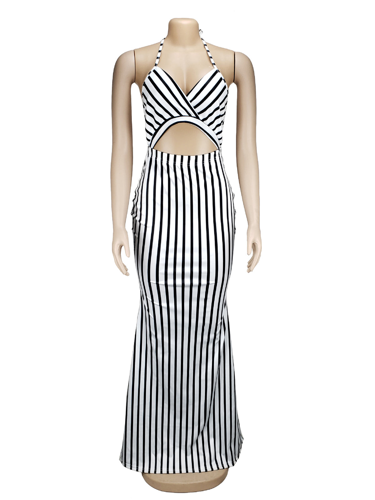 Sexy Striped Print Backless Hollow Out Maxi Dress