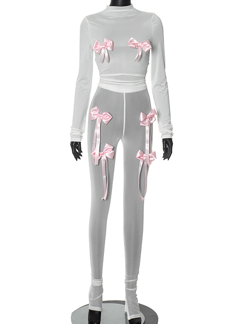 O Neck Long Sleeve Bow Decor See-Through Two Pieces