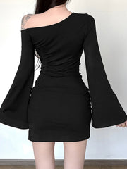 Asymmetric Bell Sleeve Ruched Mini Dress