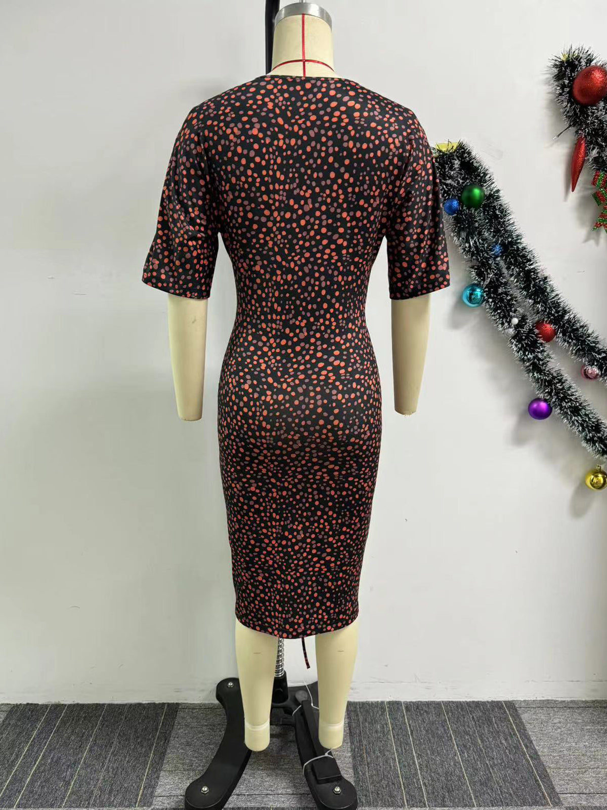 Print V-neck Drawstring Elastic Bodycon Dress