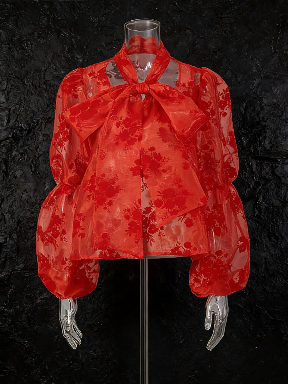 Print Mesh Sheer Spliced Bowknot Fashion Shirt