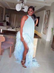 Feather Trim Halter Asymmetric Maxi Dress