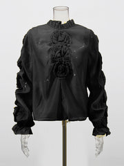 Fashion Floral Embellished Lantern Sleeve Sheer Blouse