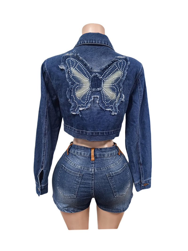 Fashion Butterfly Appliques Cropped Denim Jacket
