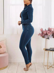 Denim Button Front Long Sleeve Jumpsuit