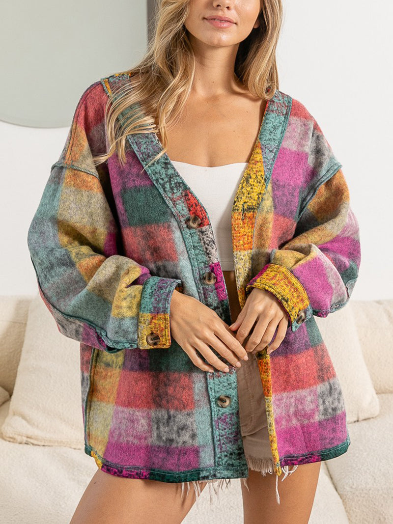 Casual V Neck Multicolor Plaid Button Cardigan