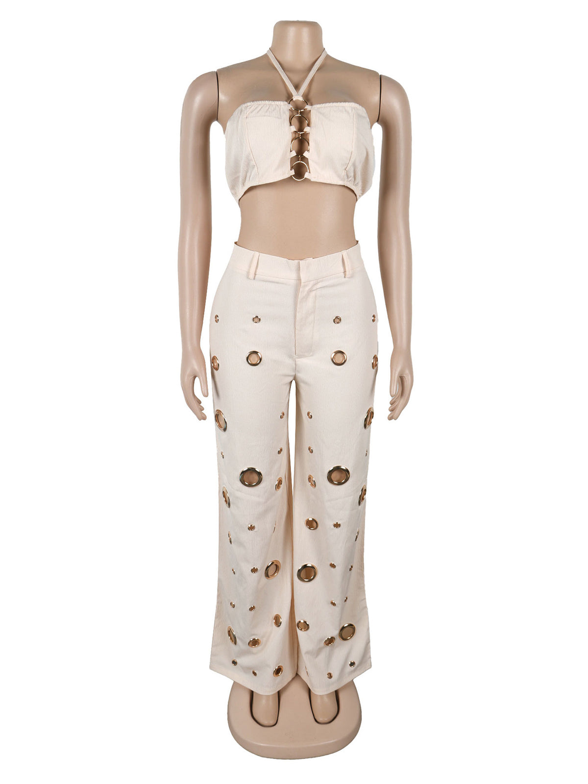 Sexy Metal Ring Hollow Crop Top Wide Leg Pants Sets