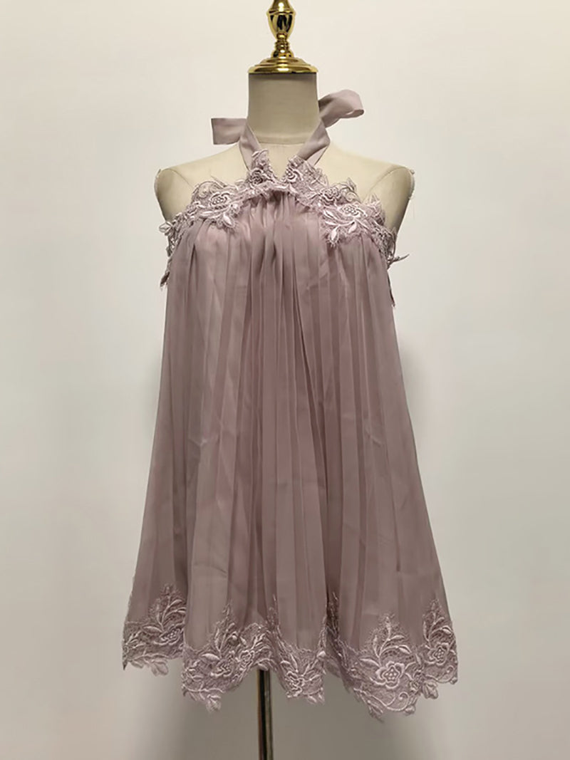 Sexy Lace Halter Ruched Loose Mini Dress