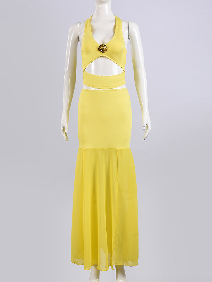 Sexy Hollow Out Halter Tops Mesh Skirt Two Piece Set