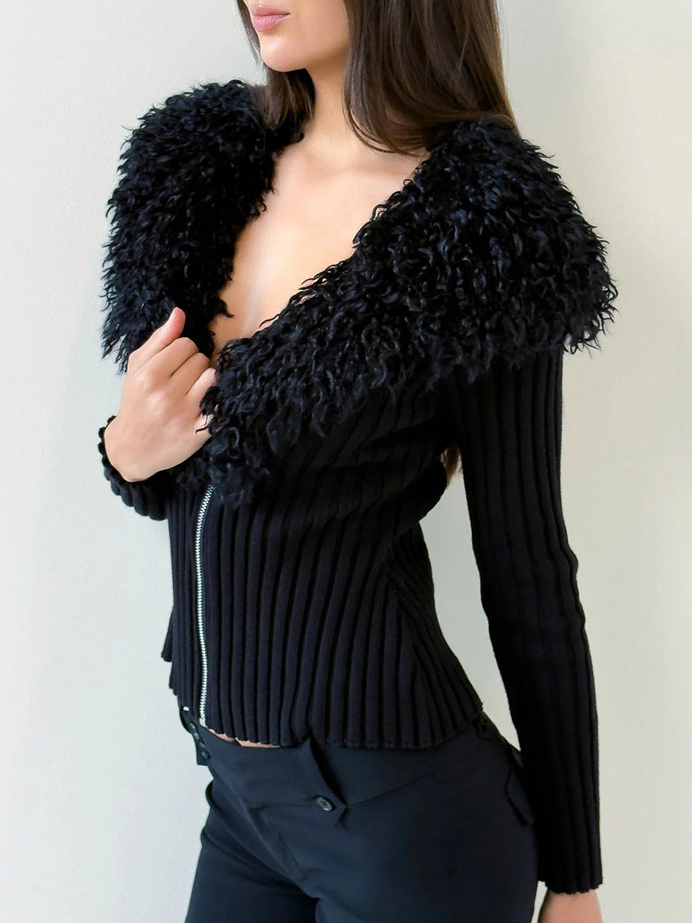 Casual Faux Fur Ribbed Knit Sweater