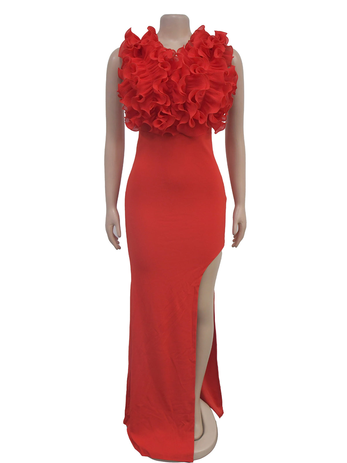 Ruffles V-neck High Split Sleeveless Bodycon Maxi Dress