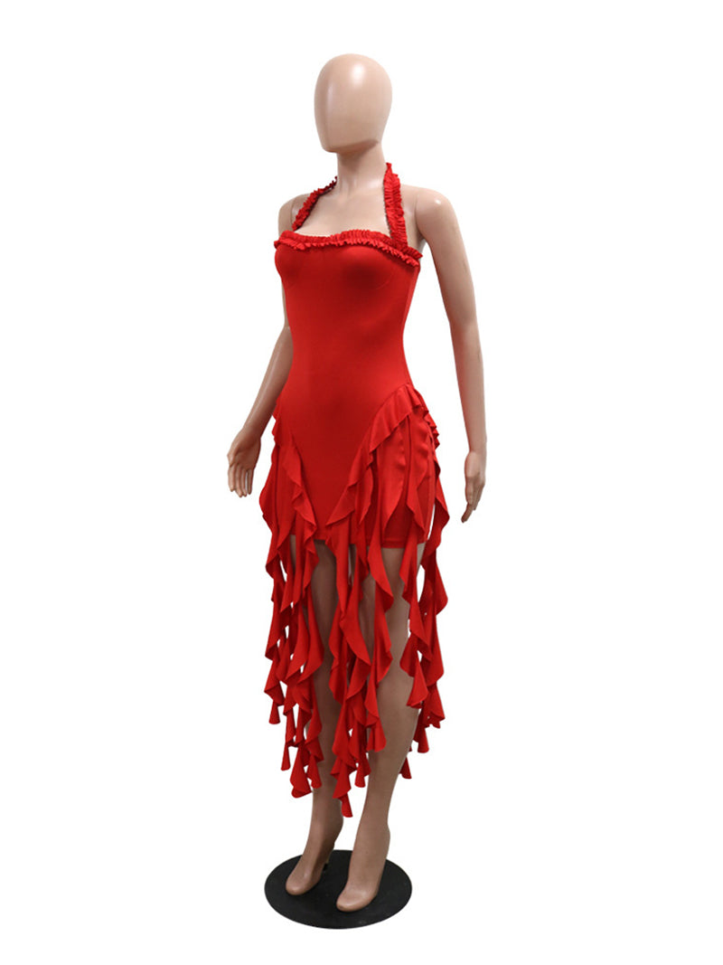 Sexy Solid Color Fringed Trim Backless Halter Dress