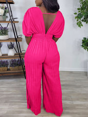 Solid Color V-Neck Pleated Wide Leg Jumpsuit