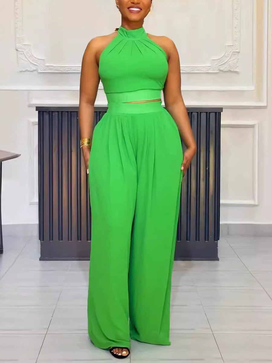 Sexy Pleated Sleeveless Top Wide Leg Pants 2 Piece Set