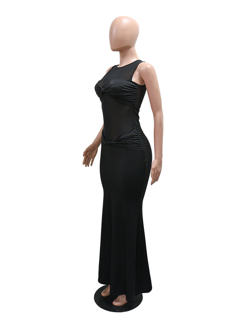 Sexy Sleeveless Sheer Mesh Patchwork Maxi Dress