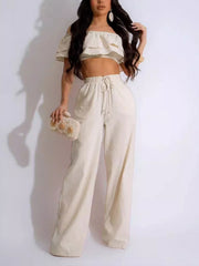 Sexy Off-Shoulder Crop Top And Elastic Waist Pants Set